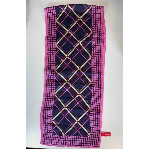 Y2K Anne Klein 100% Silk Scarf Preppy Bubble Gum Pink Navy Blue Argyle Girly - Picture 2 of 5
